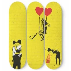 Kissing Coppers, Girl Sitting On A Swing Of Red Heart Balloon And Love Sick Banksy Graffitis